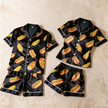 Fun Design Satin Solid Black Sleepwear – Understated Luxury Couple Set