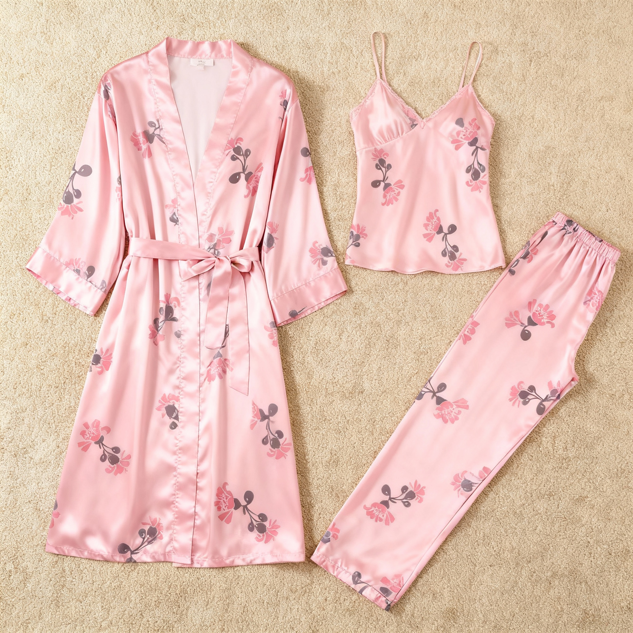 Satin 3-Piece Lovely Floral Sleepwear Set for Women