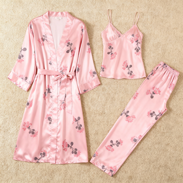 Satin 3-Piece Lovely Floral Sleepwear Set for Women