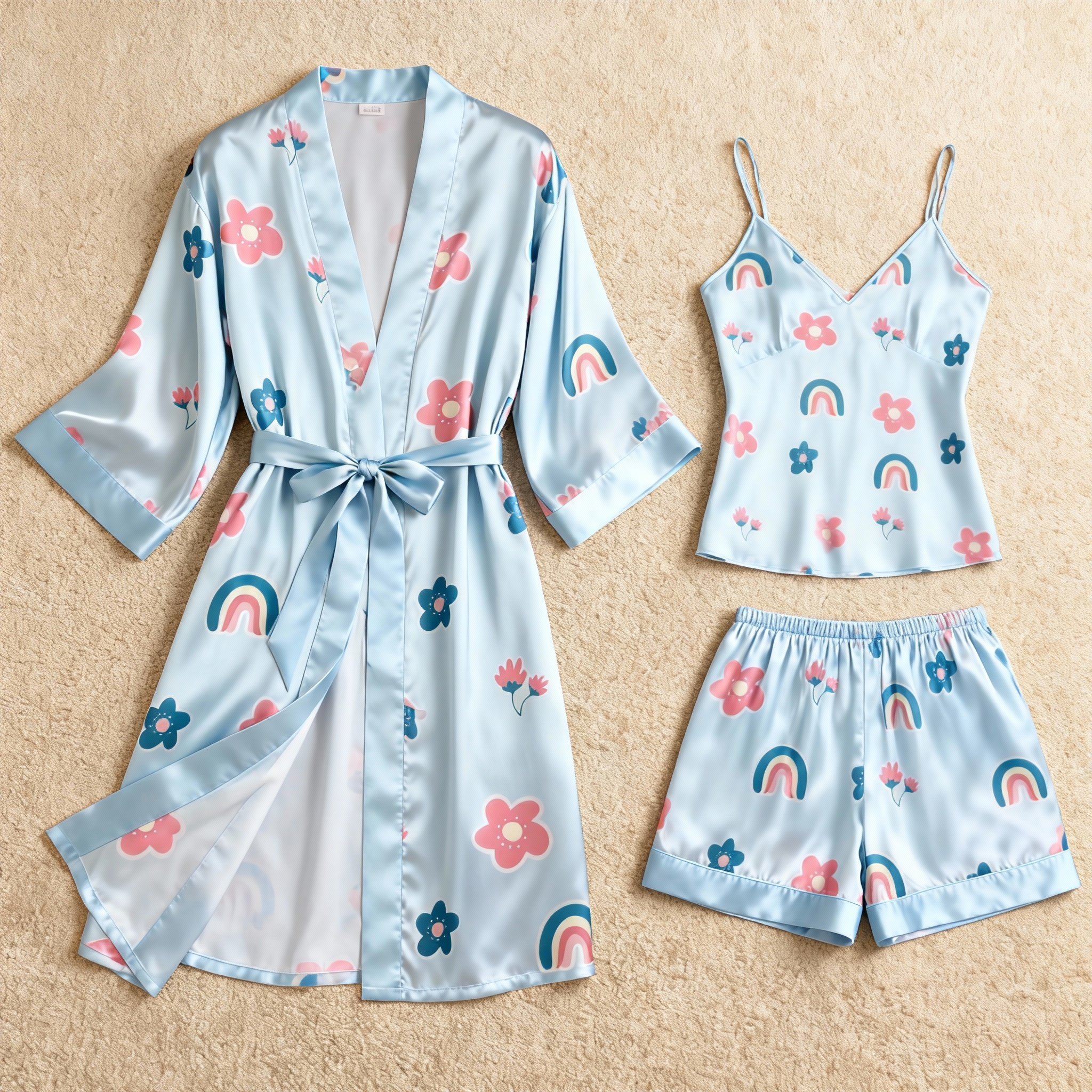 Floral & Dreamscape Satin Sleepwear Trio for Women