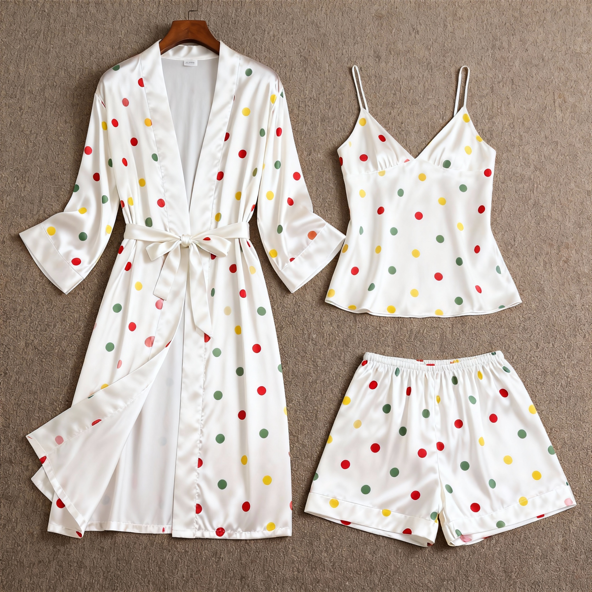 Polka Dot Pattern Glow Silky Satin 3-Piece Loungewear Set