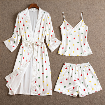 Polka Dot Pattern Glow Silky Satin 3-Piece Loungewear Set