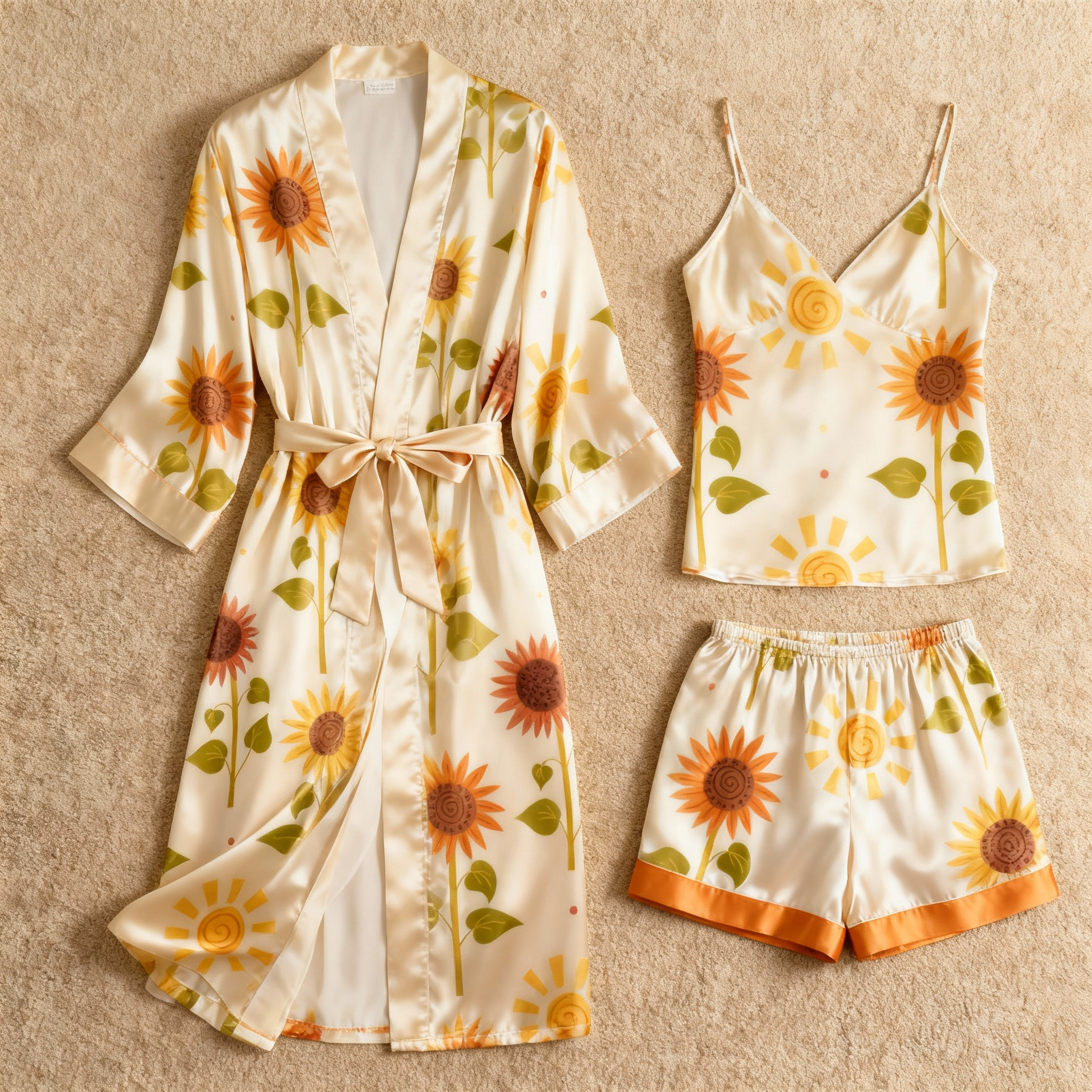 Satin 3-Piece Loungewear Set with Sunflower Design