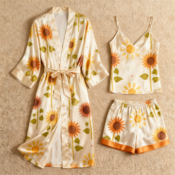 Satin 3-Piece Loungewear Set with Sunflower Design