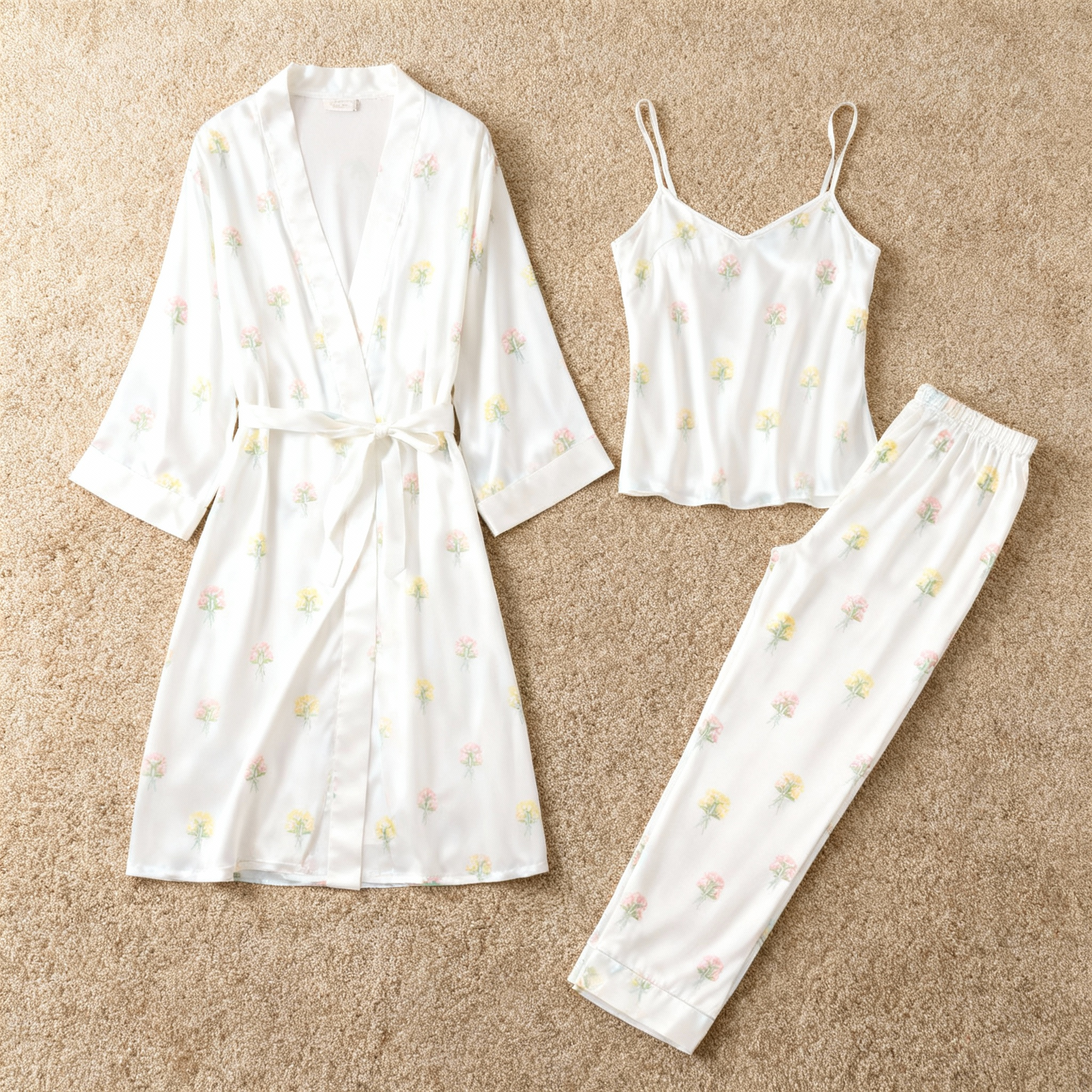 Satin 3-Piece Simple Floral Sleepwear Set for Women