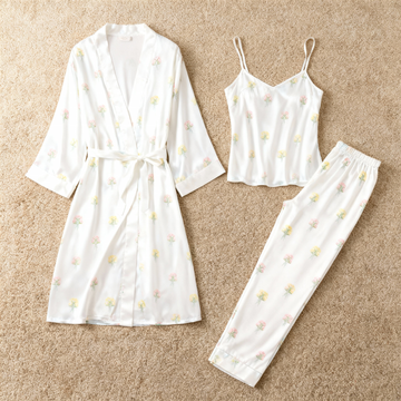 Satin 3-Piece Simple Floral Sleepwear Set for Women