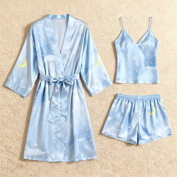 Dreamy Moon Pattern Glow Silky Satin 3-Piece Loungewear Set