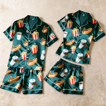 Fun Design Satin Vintage Green Sleepwear – Understated Luxury Couple Set