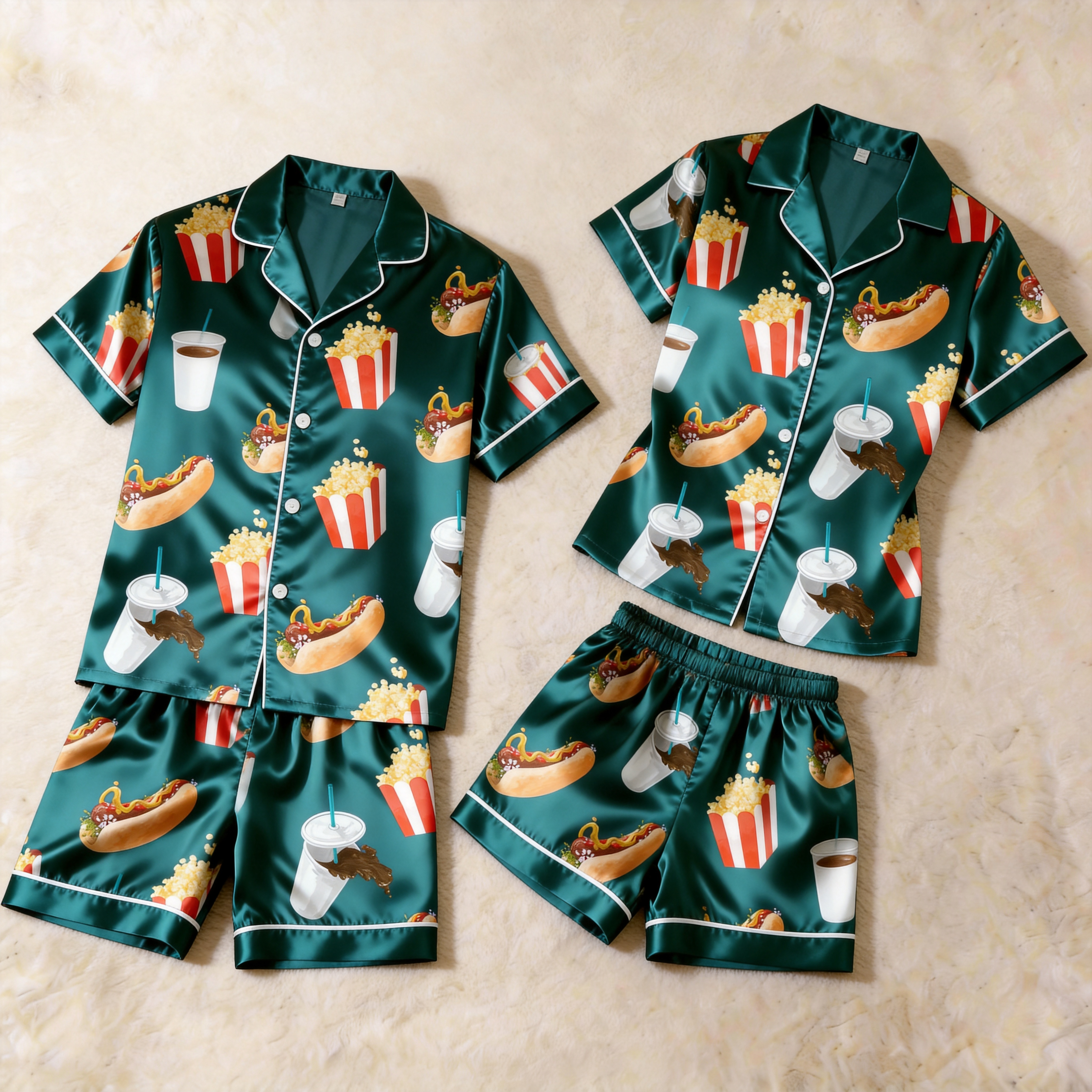 Fun Design Satin Vintage Green Sleepwear – Understated Luxury Couple Set