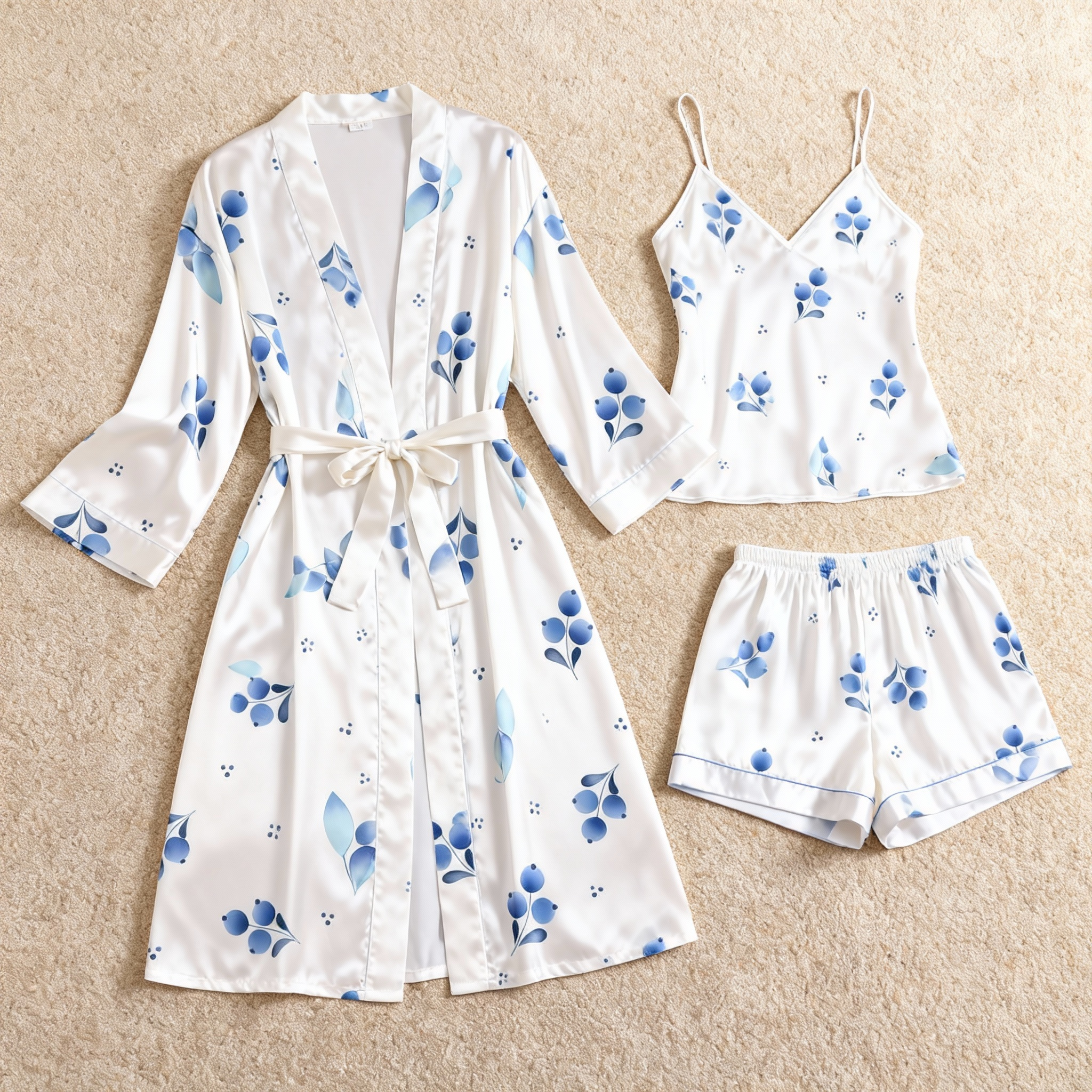 Watercolor Floral & Dreamscape Satin Sleepwear Trio for Women