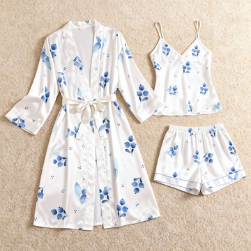 Watercolor Floral & Dreamscape Satin Sleepwear Trio for Women