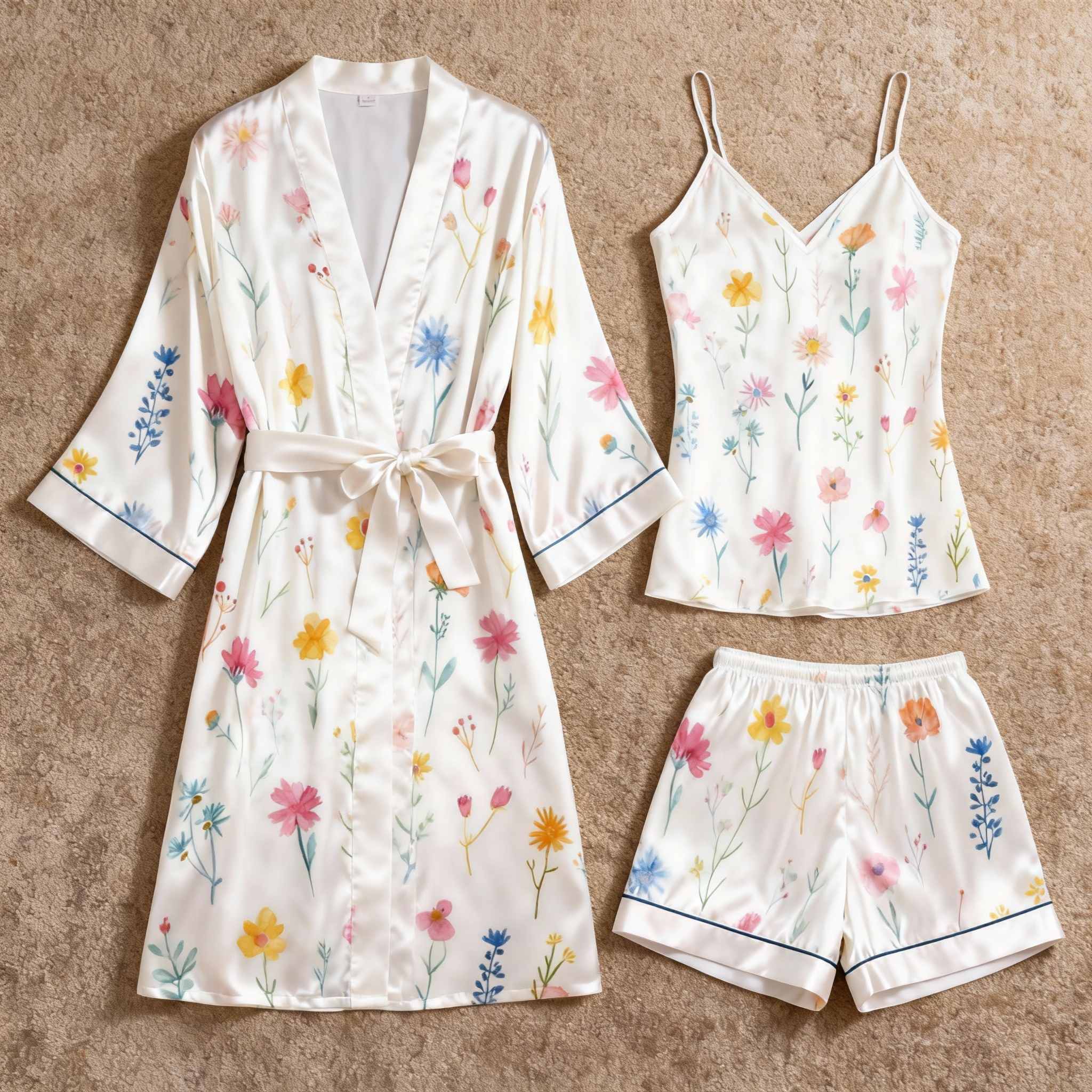 Satin 3-Piece Loungewear Set with Colorful Wildflower Design