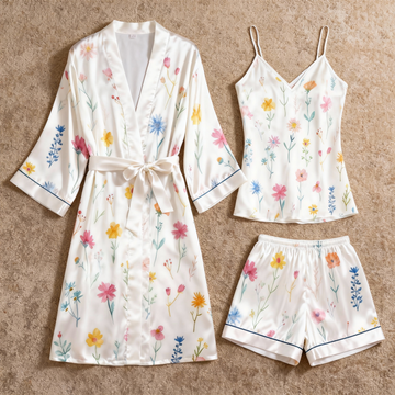 Satin 3-Piece Loungewear Set with Colorful Wildflower Design