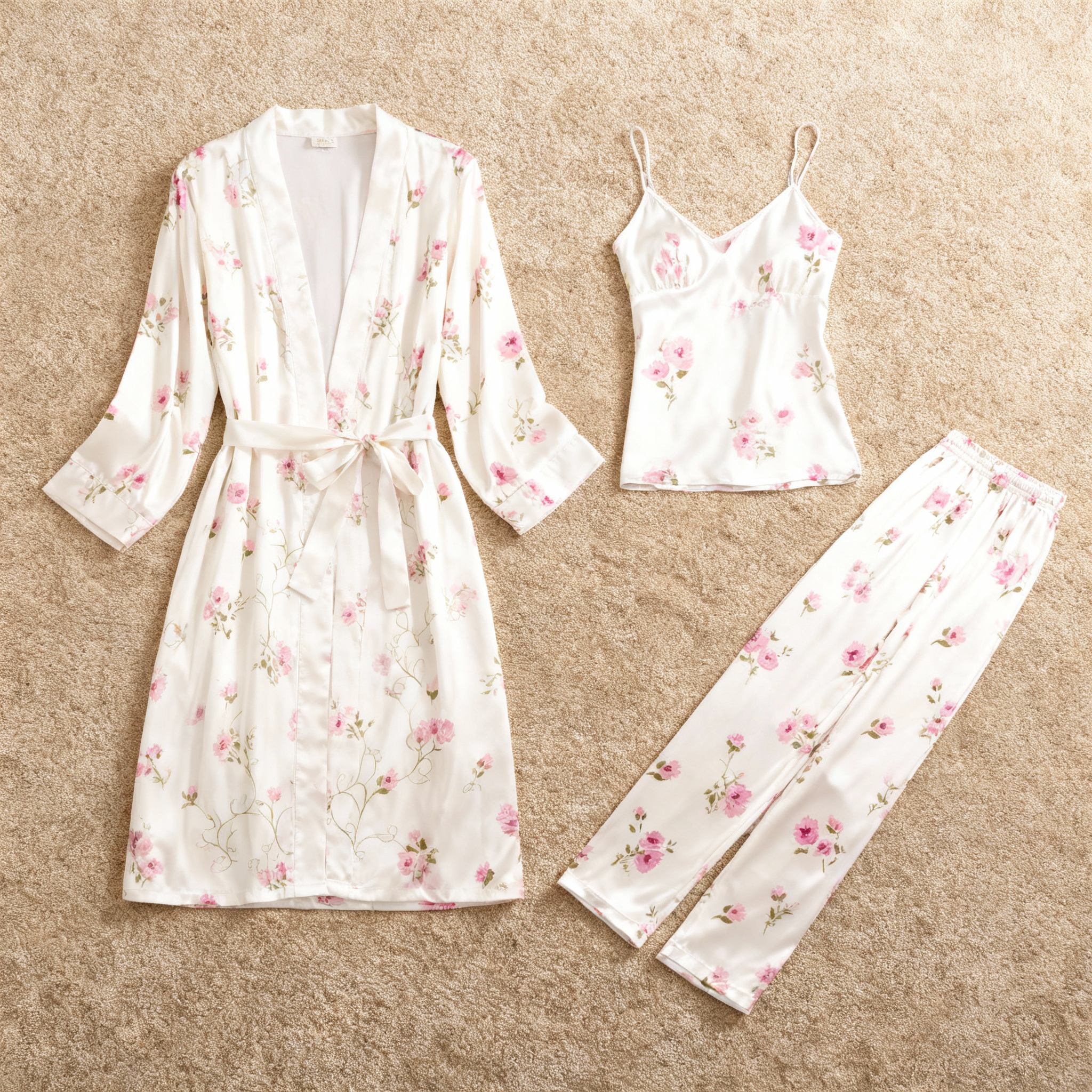Satin 3-Piece Pink Floral Sleepwear Set for Women