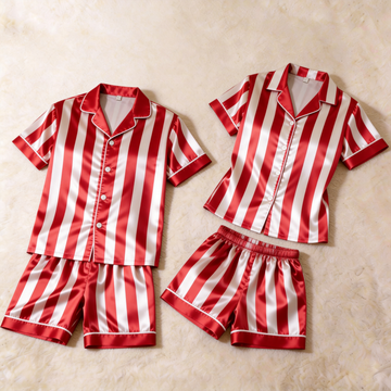 Red Striped Design Satin Solid Sleepwear – Understated Luxury Couple Set