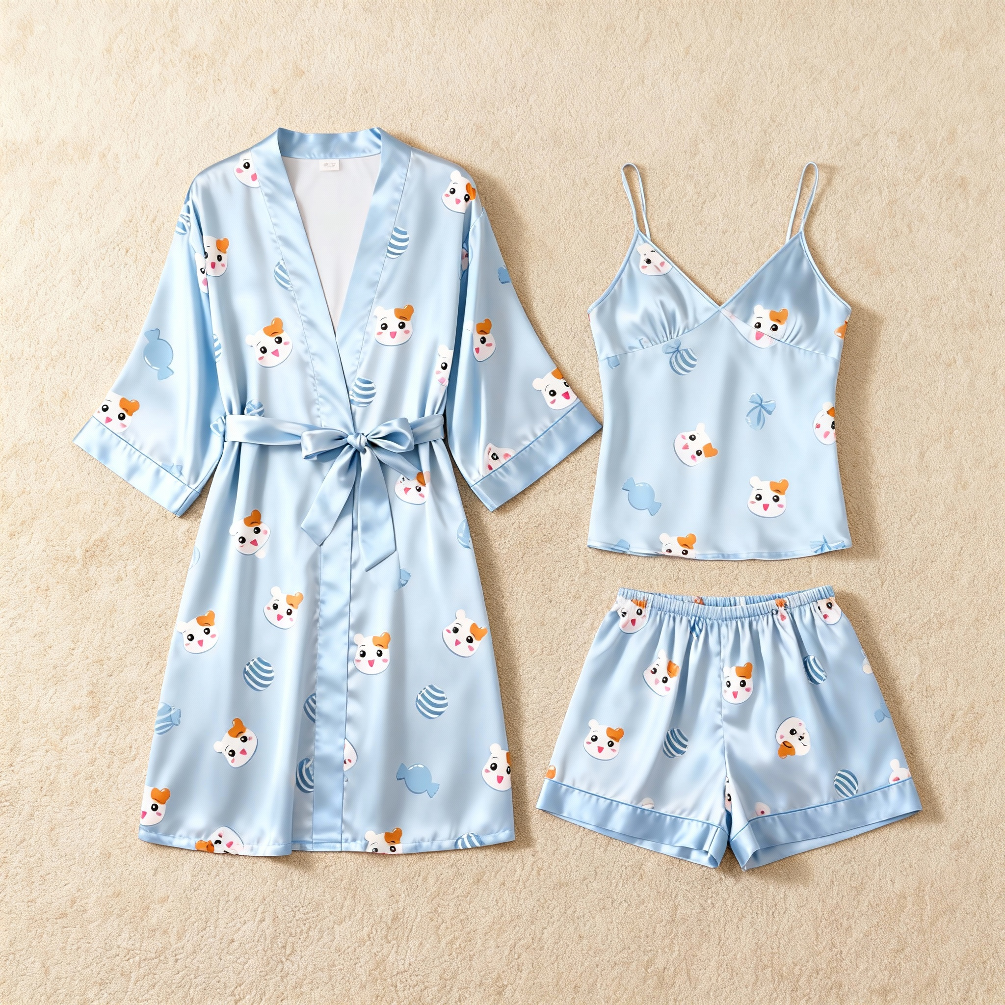 Cute Animal & Dreamscape Satin Sleepwear Trio for Women