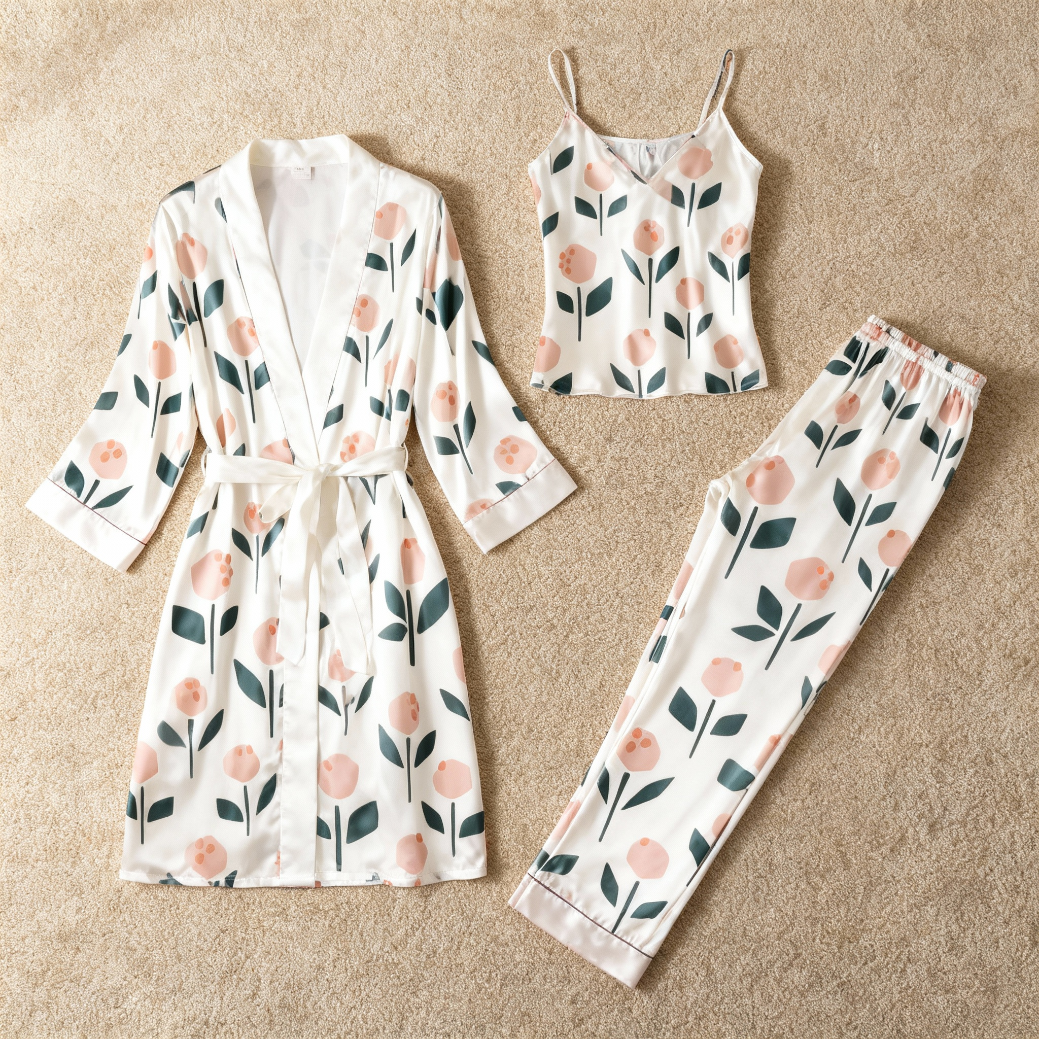 Satin 3-Piece Floral Pattern Sleepwear Set for Women