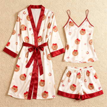 Cute Bear & Dreamscape Satin Sleepwear Trio for Women