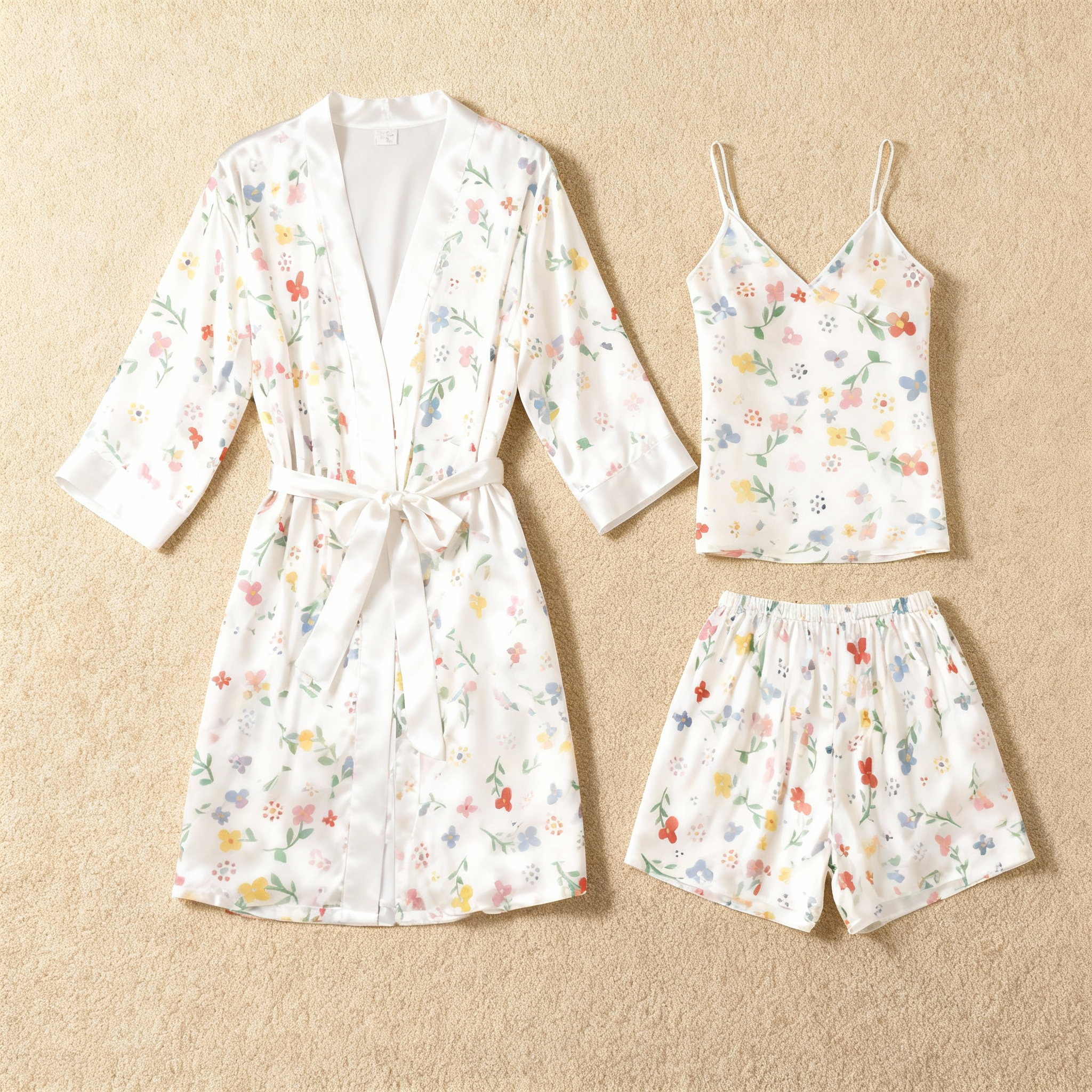 Dense Floral Pattern Glow Silky Satin 3-Piece Loungewear Set