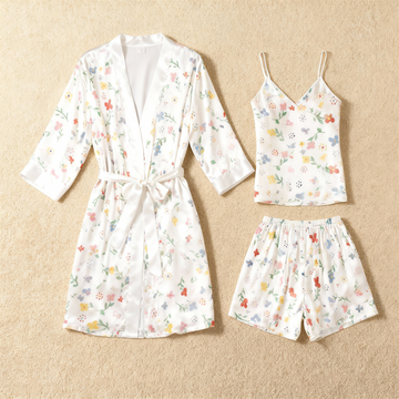 Dense Floral Pattern Glow Silky Satin 3-Piece Loungewear Set