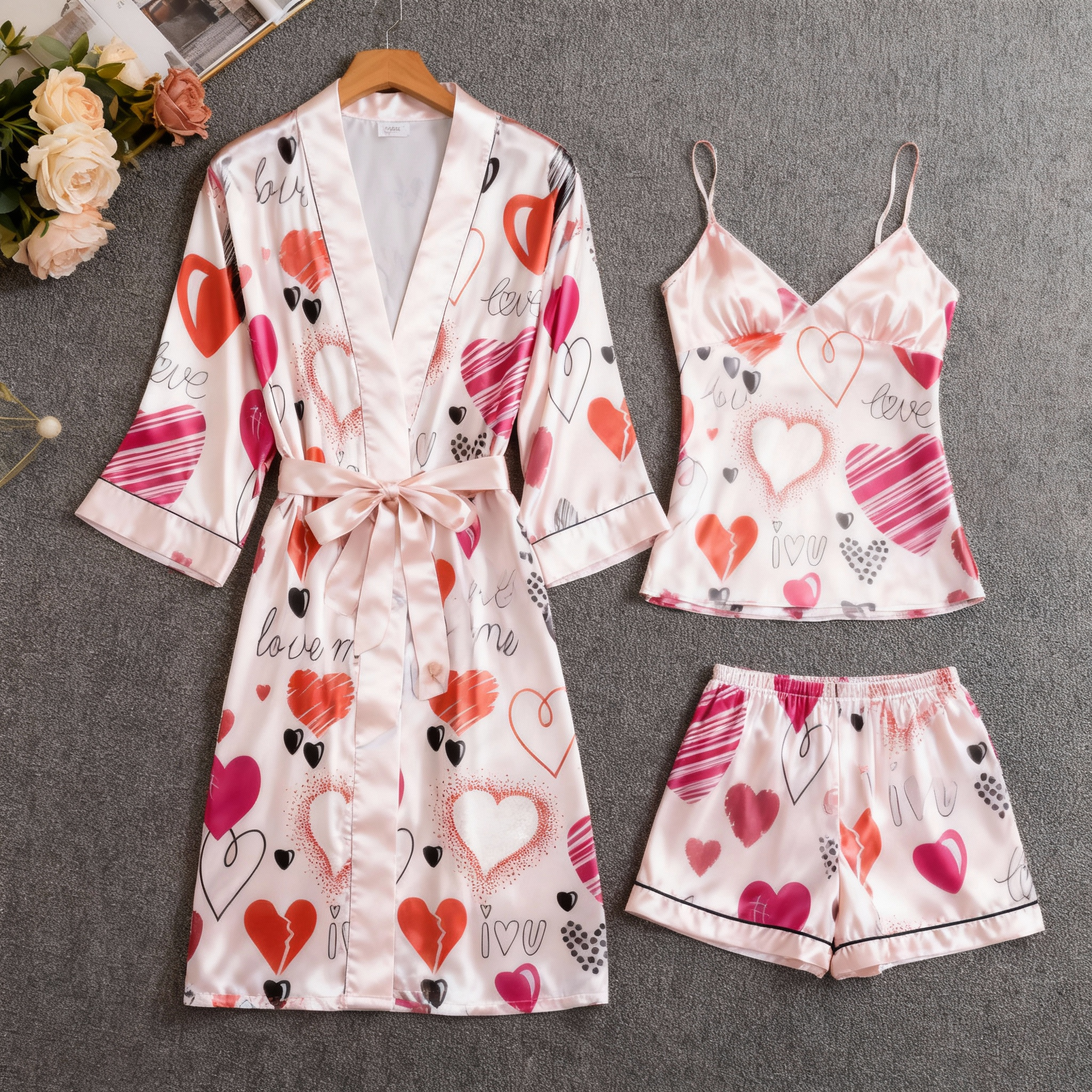 Women's Premium Satin Sleep Set Featuring Heart Design