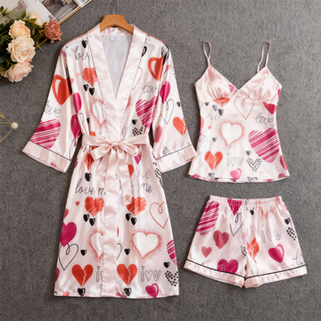 Women's Premium Satin Sleep Set Featuring Heart Design