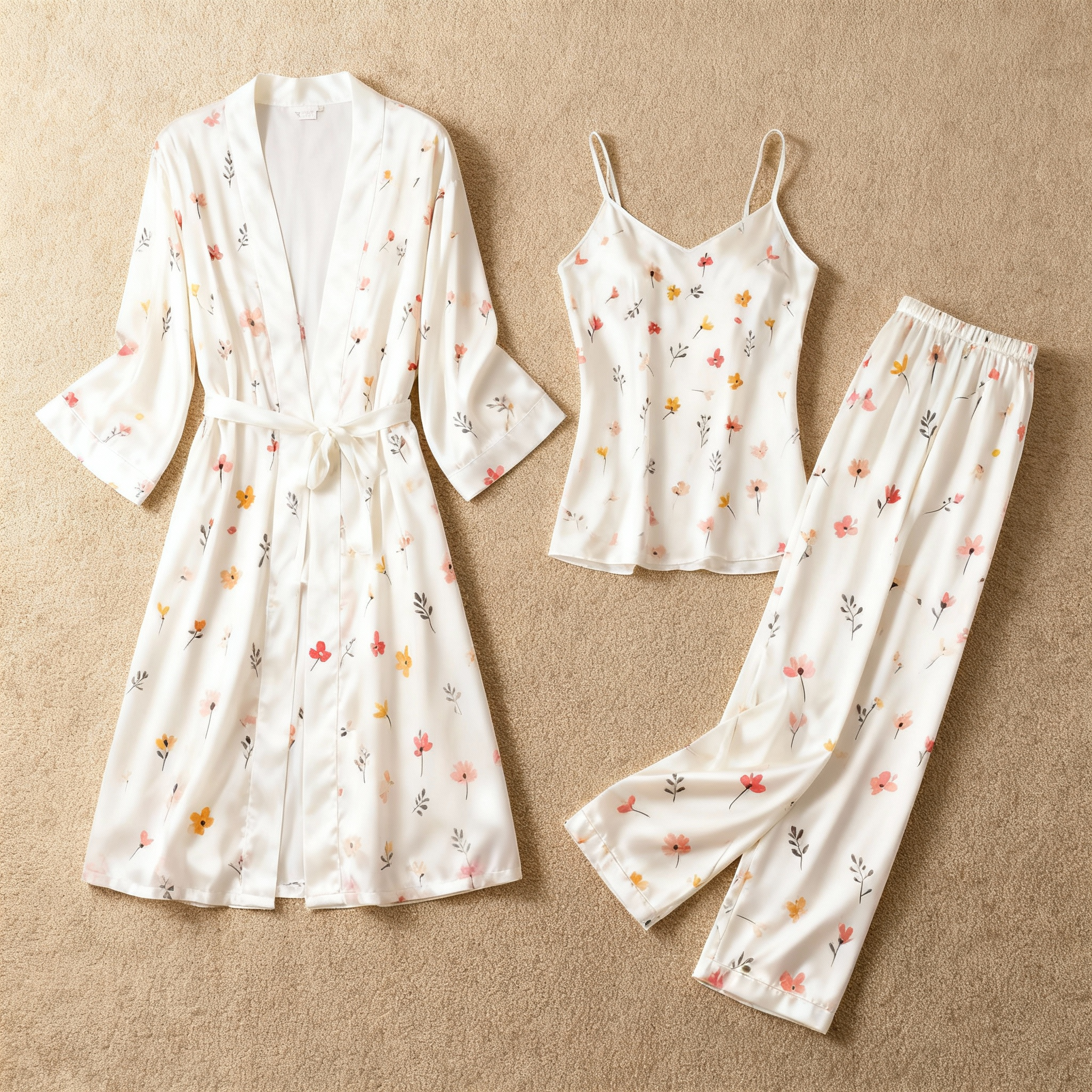 Satin 3-Piece Lovely Small Floral Sleepwear Set for Women