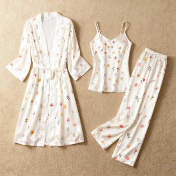 Satin 3-Piece Lovely Small Floral Sleepwear Set for Women