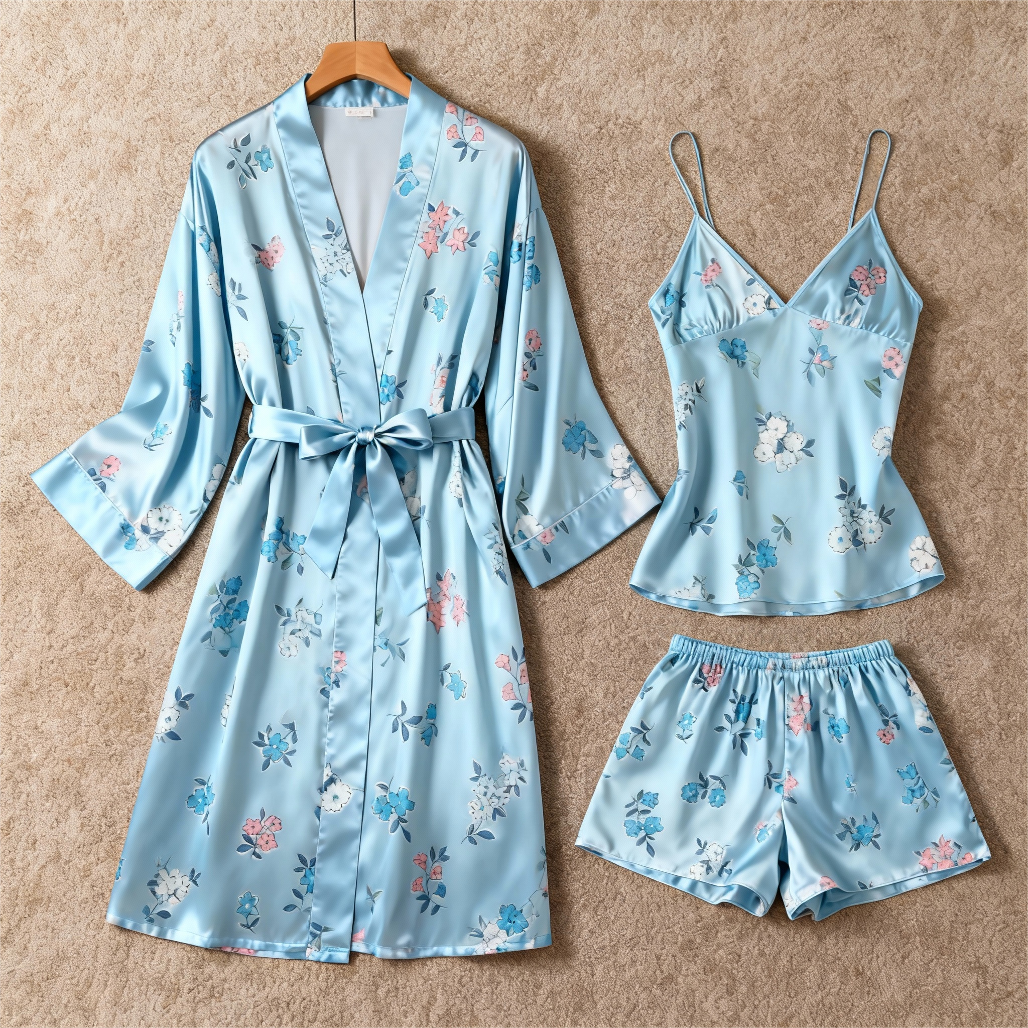 Elegant Blue Satin Loungewear Trio with Tiny Florals Print