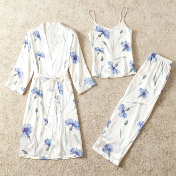 Satin 3-Piece Dreamy Blue Sleepwear Set for Women