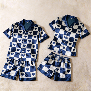 Elegant Navy Plaid Satin Sleepwear – Understated Luxury Couple Set