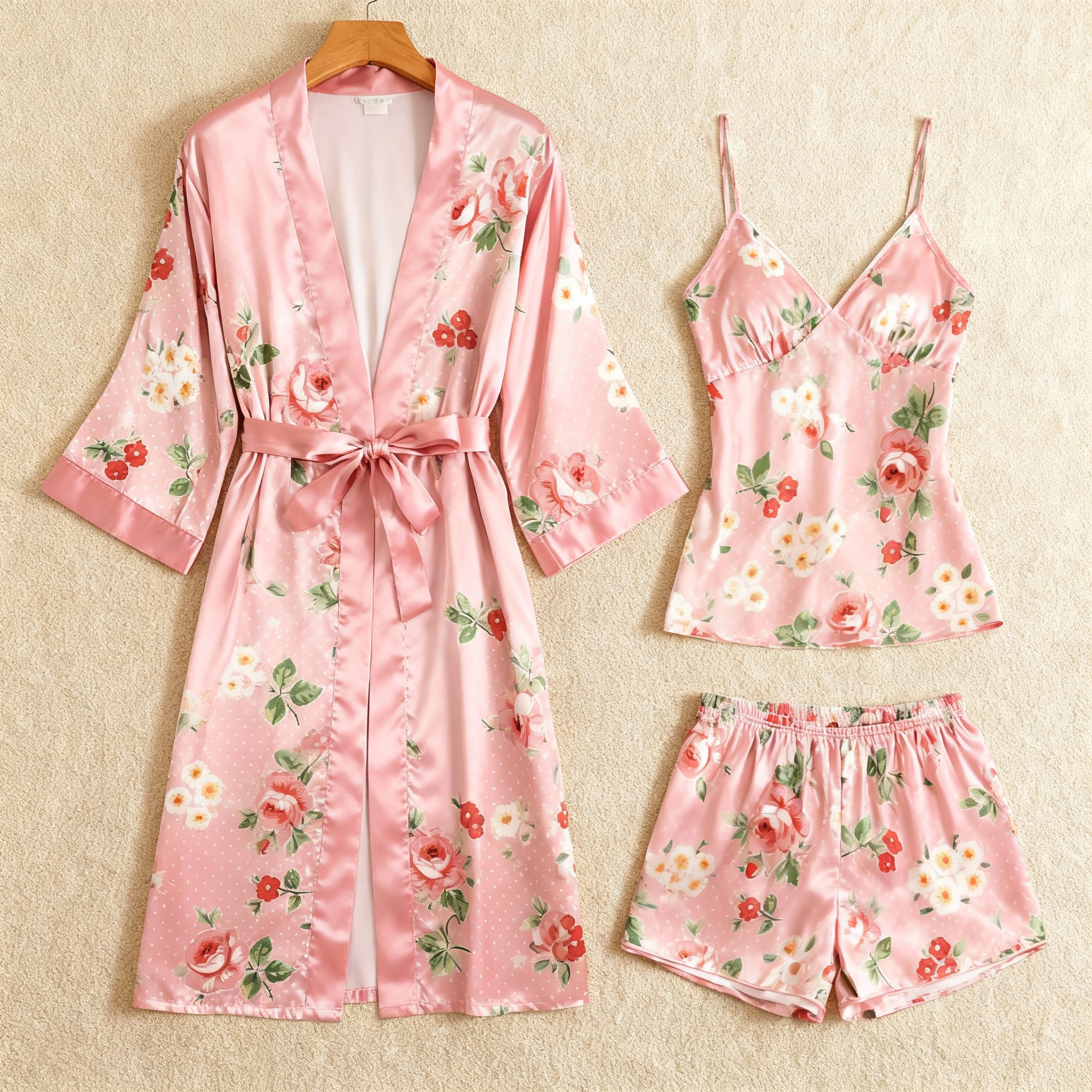 Elegant Floral Pattern Glow Silky Satin 3-Piece Loungewear Set