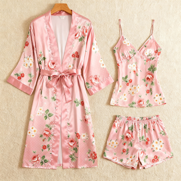 Elegant Floral Pattern Glow Silky Satin 3-Piece Loungewear Set
