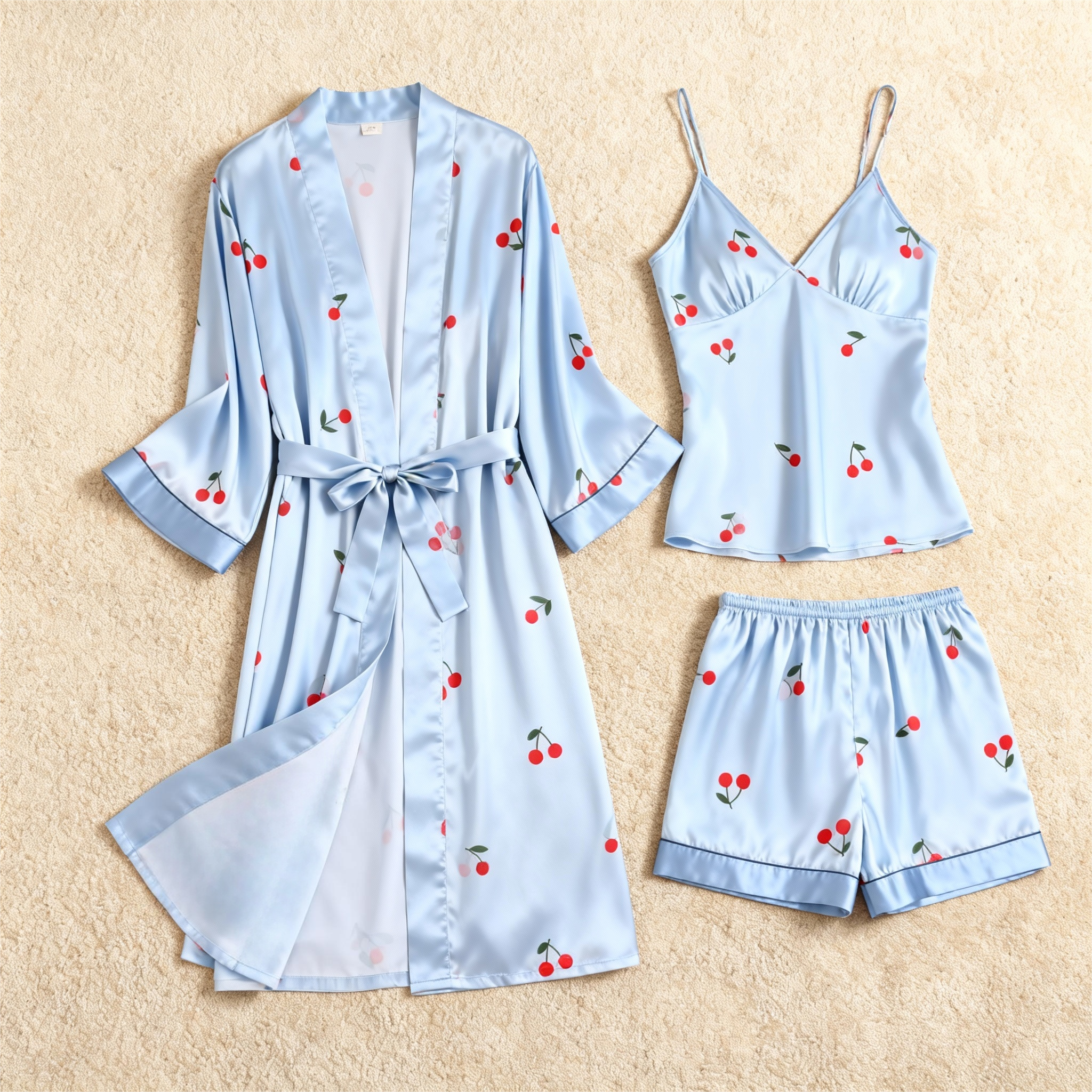 Cute Cherry & Dreamscape Satin Sleepwear Trio for Women