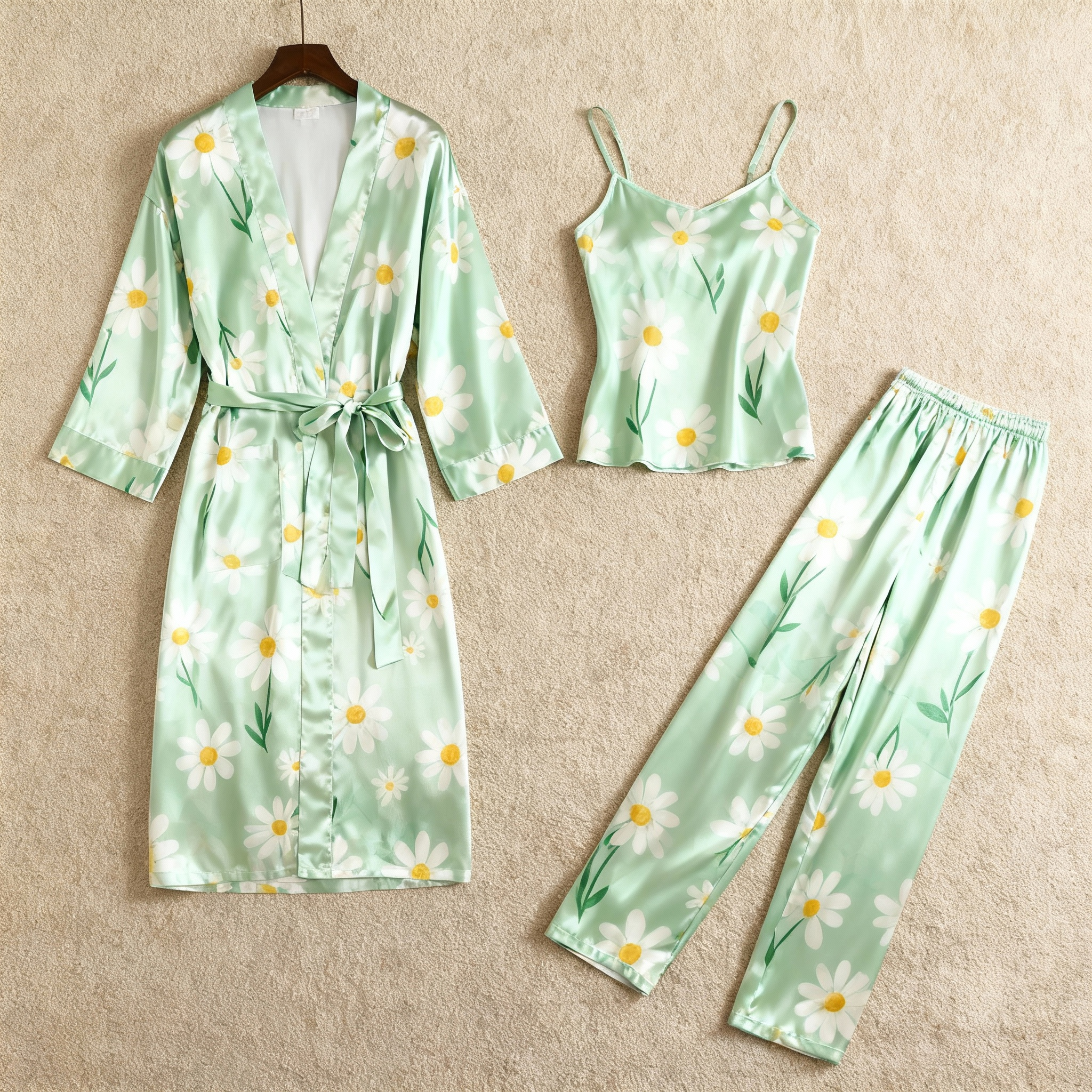 Satin 3-Piece Dreamy Green Sleepwear Set for Women