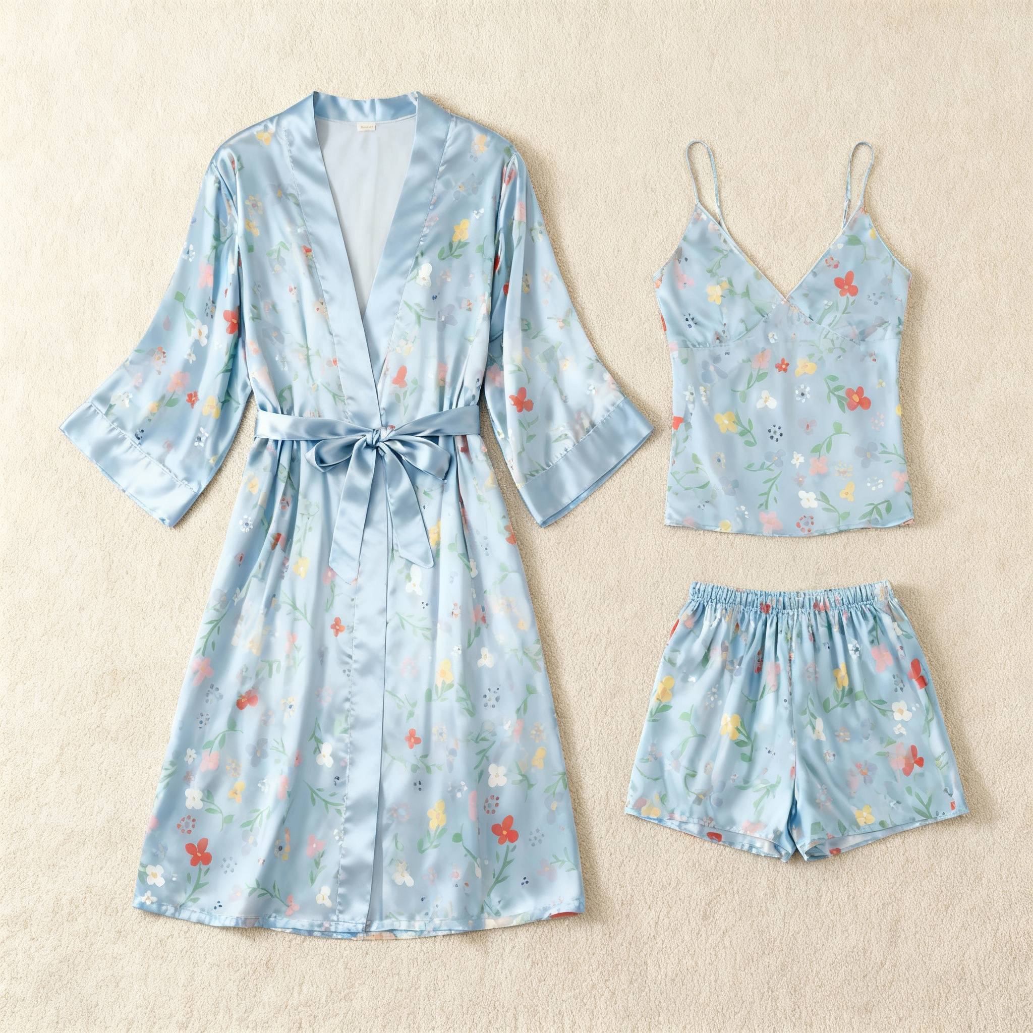 Elegant Pale Blue Satin Loungewear Trio with Tiny Florals Print