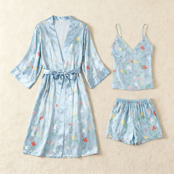 Elegant Pale Blue Satin Loungewear Trio with Tiny Florals Print
