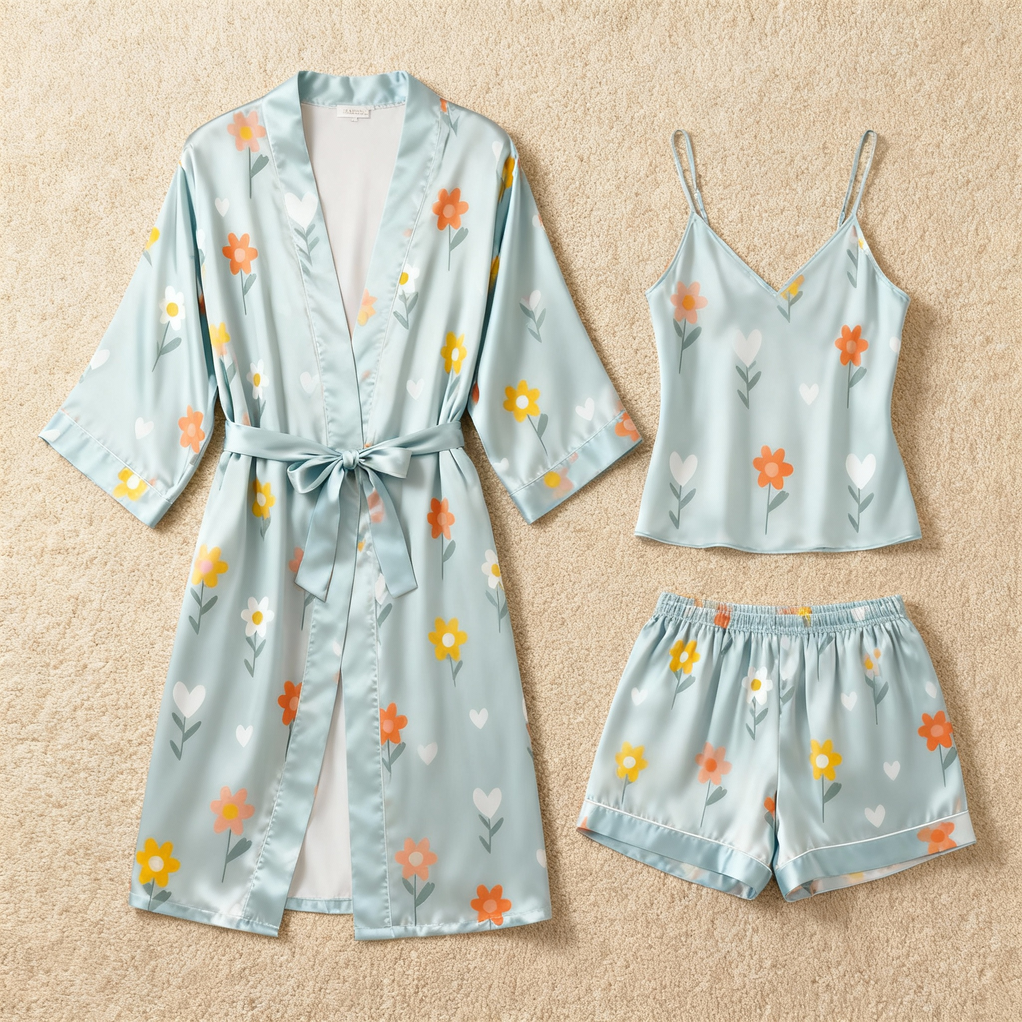 Colorful Floral & Dreamscape Satin Sleepwear Trio for Women
