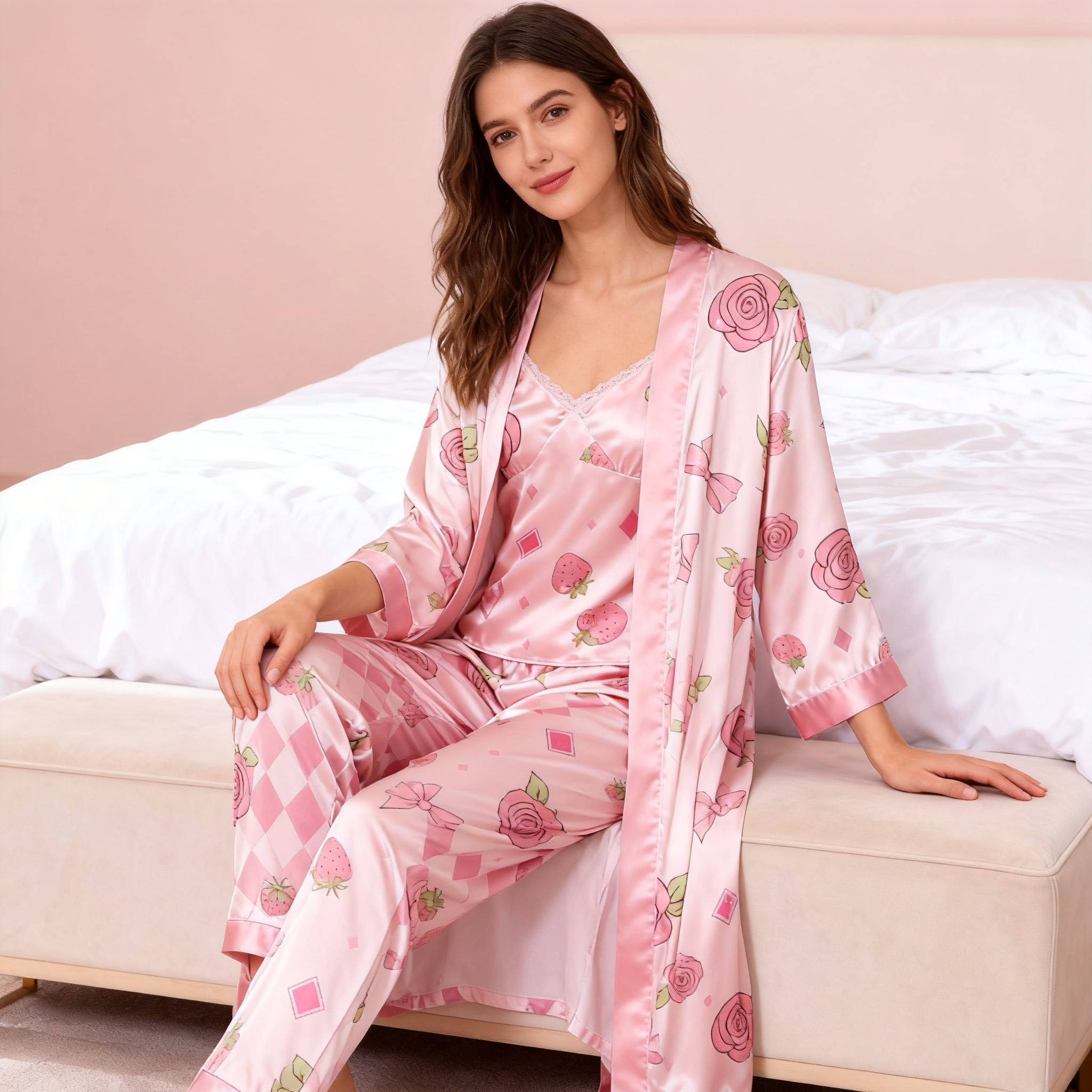 Women's 3-Piece Rose Bloom Satin Lounge Outfit