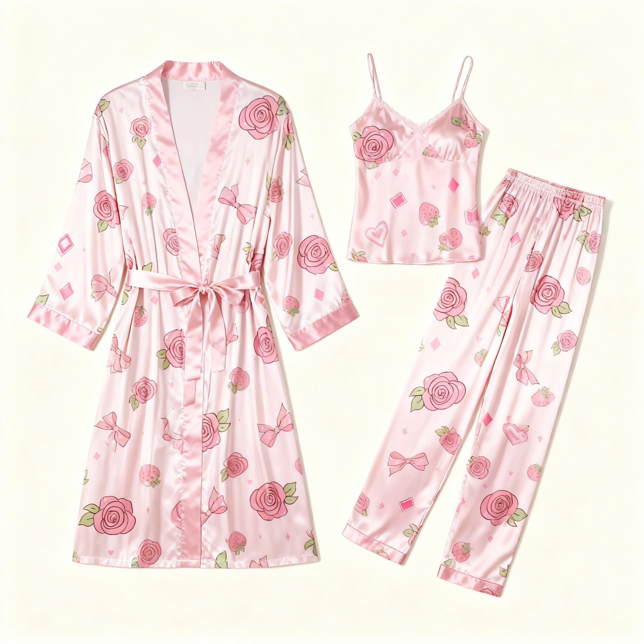 Women's 3-Piece Rose Bloom Satin Lounge Outfit