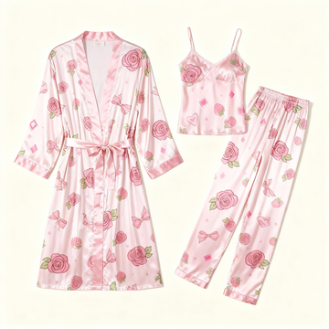 Women's 3-Piece Rose Bloom Satin Lounge Outfit