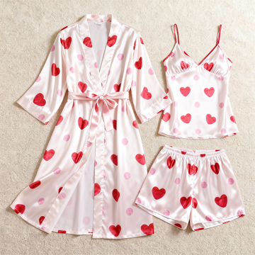 Elegant Satin 3-Piece Loungewear Set with Red Heart Design