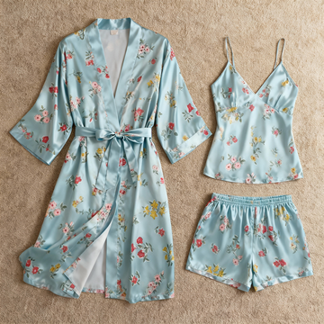 Elegant Satin Loungewear Trio with Rich Florals