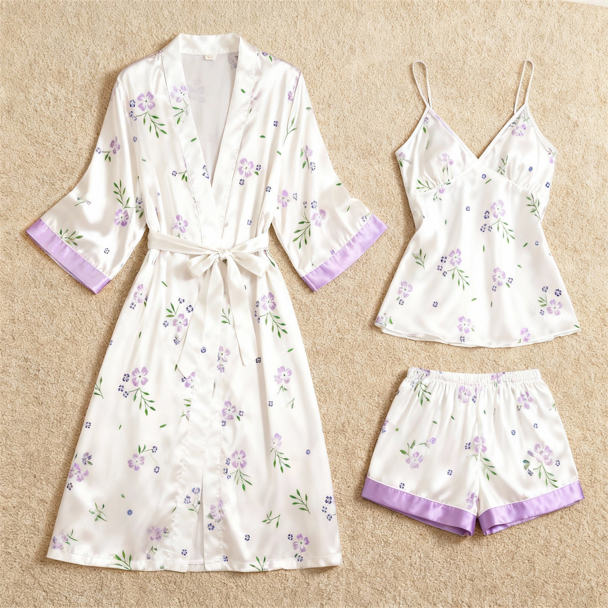 Purple Floral Print Elegance 3-Piece Satin Lounge Set for Women