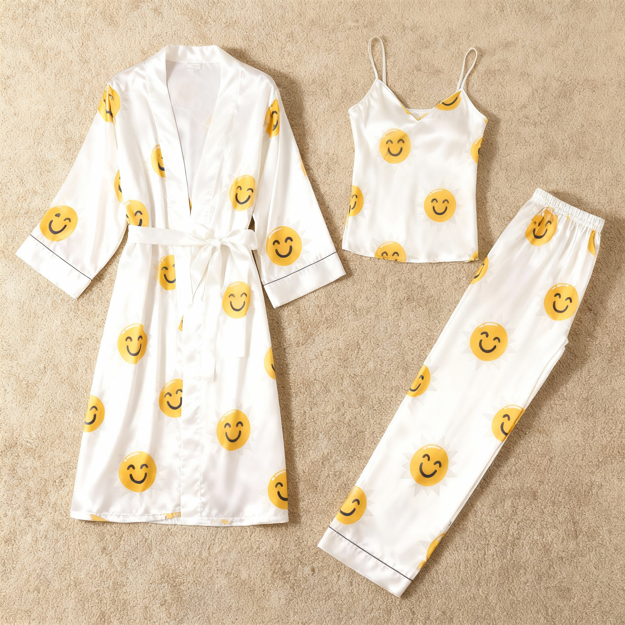 Satin 3-Piece Lovely Emoji Sleepwear Set for Women