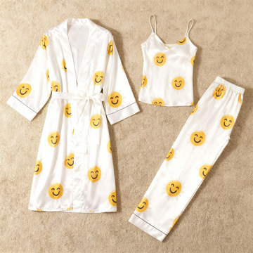 Satin 3-Piece Lovely Emoji Sleepwear Set for Women