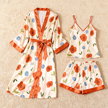 Vibrant Floral & Dreamscape Satin Sleepwear Trio for Women