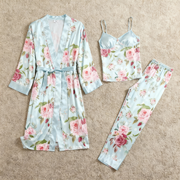 Satin 3-Piece Elegant Floral Sleepwear Set for Women