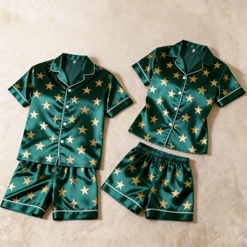 Elegant Stars Print Satin Sleepwear – Understated Luxury Couple Set