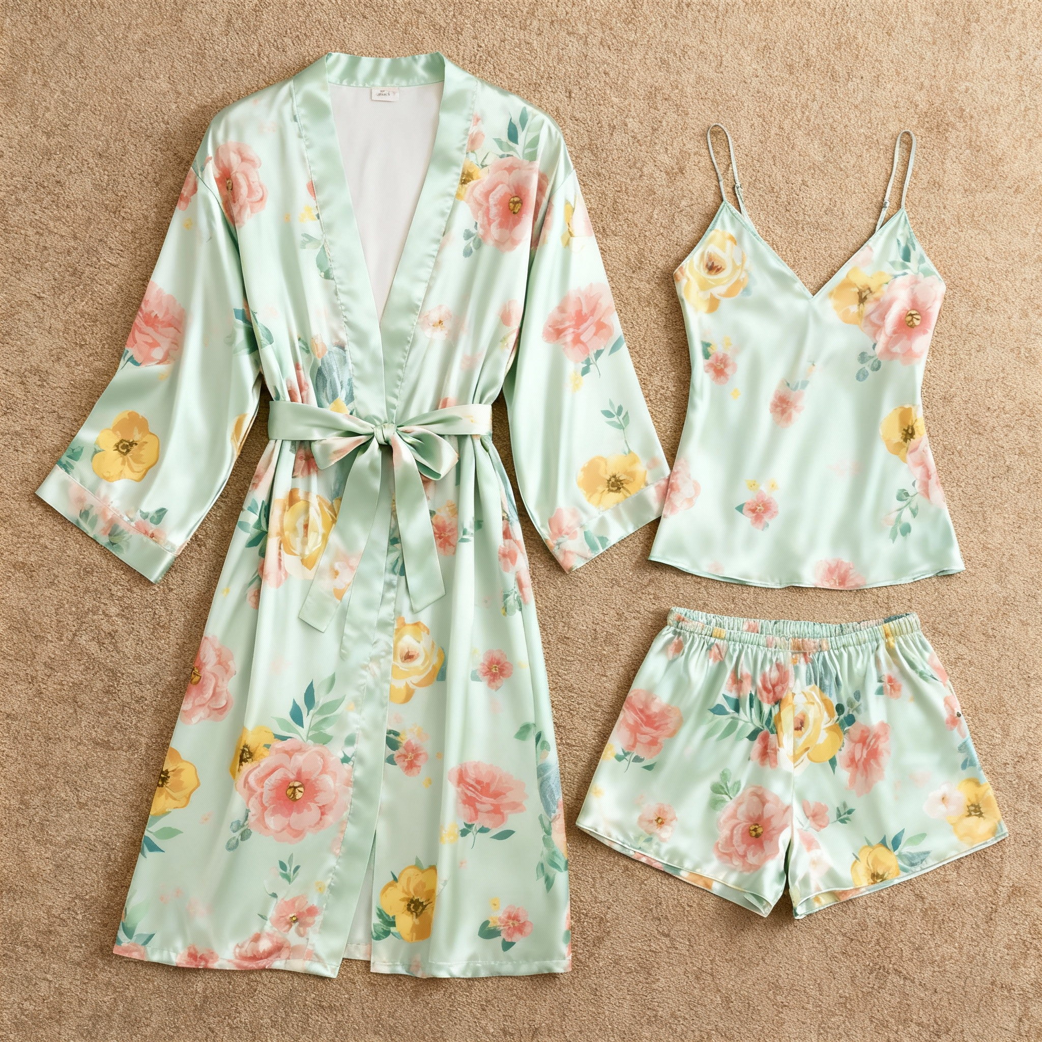 Elegant Light Green Satin Loungewear Trio with Florals Print